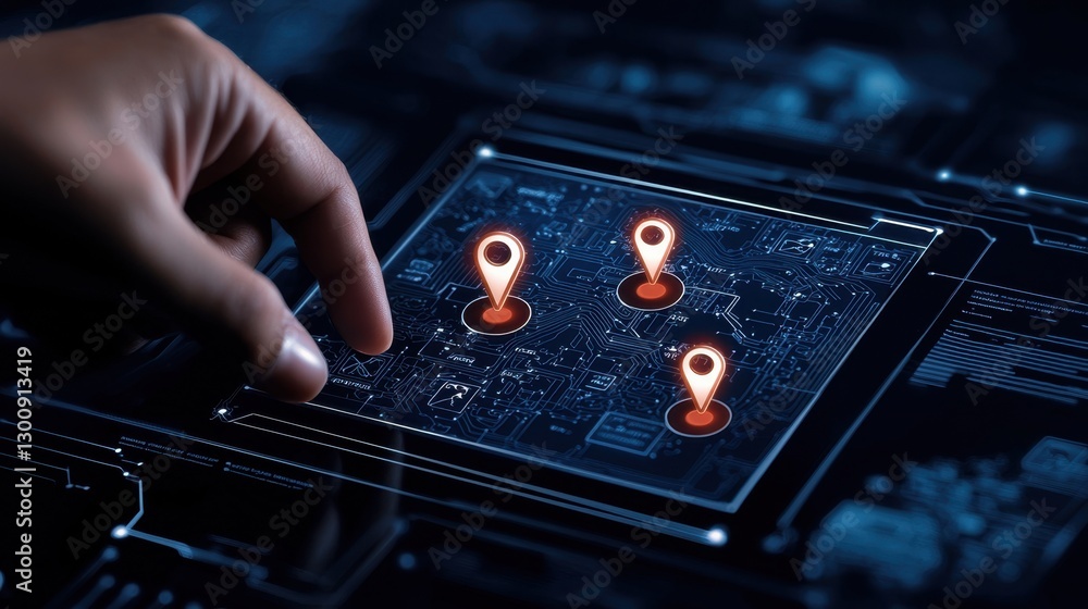 Poster hand touching digital map interface with location markers and circuit pattern background for technol