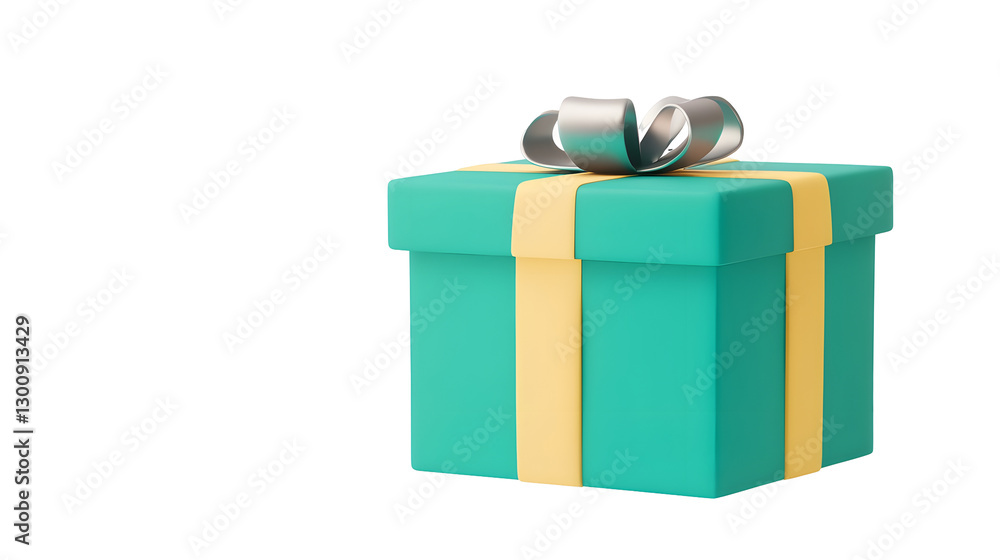 Poster vibrant blue 3d cartoon of a gift box wrapped with a silky silver ribbon and a neatly tied bow isola