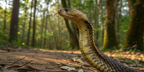 Fototapeta premium a close-up of a venomous snake in a forest. The snake has its tongue out and is looking to the side, it has pattern on the skin