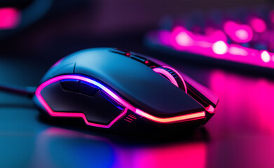 A futuristic gaming mouse with neon lights glowing against a blurred digital background.