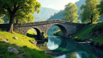 Fototapeta premium Ancient stonework bridge spans peaceful waterway, stream, pastel colors, ancient