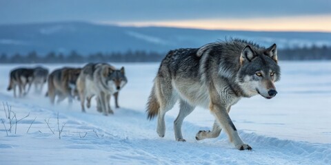 Naklejka premium a pack of wolves traversing a snowy landscape, moving in a line, embodying the spirit of the wild