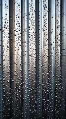 Vertical Lines and Droplets: The image presents a close-up shot of vertical, corrugated metal, adorned with numerous water droplets, resulting in an abstract and textured pattern.
