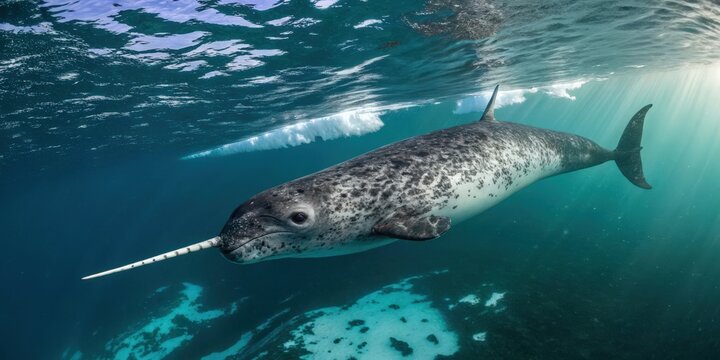 a narwhal swims gracefully in the ocean, its distinctive tusk pointing forward, with icebergs above and sunlight filtering through the water