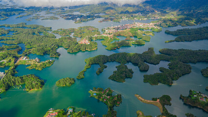 Stunning Aerial View of Guatape Lake and Surrounding Landscape in Antioquia, Colombia