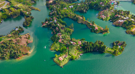 Aerial View of Stunning Natural Landscape in Guatape, Antioquia, Colombia with Lush Green Islands