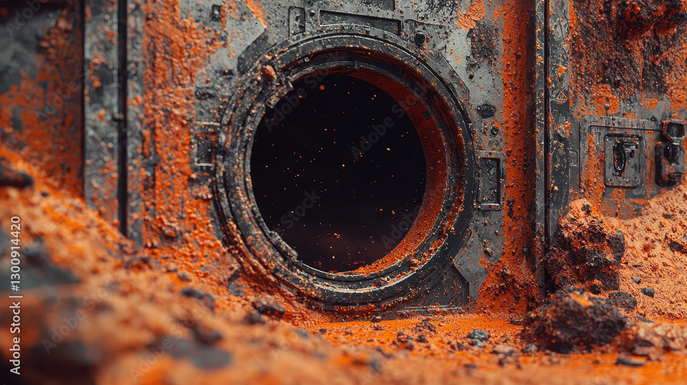 Poster close-up view of a mars habitat airlock showcasing red dust accumulation in a harsh environment