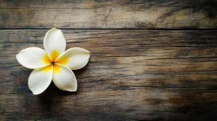 Naklejka premium A single white and yellow flower resting on wood grain