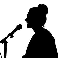 Black silhouette of female singer with microphone, giving speech, singing song karaoke isolated on white background 