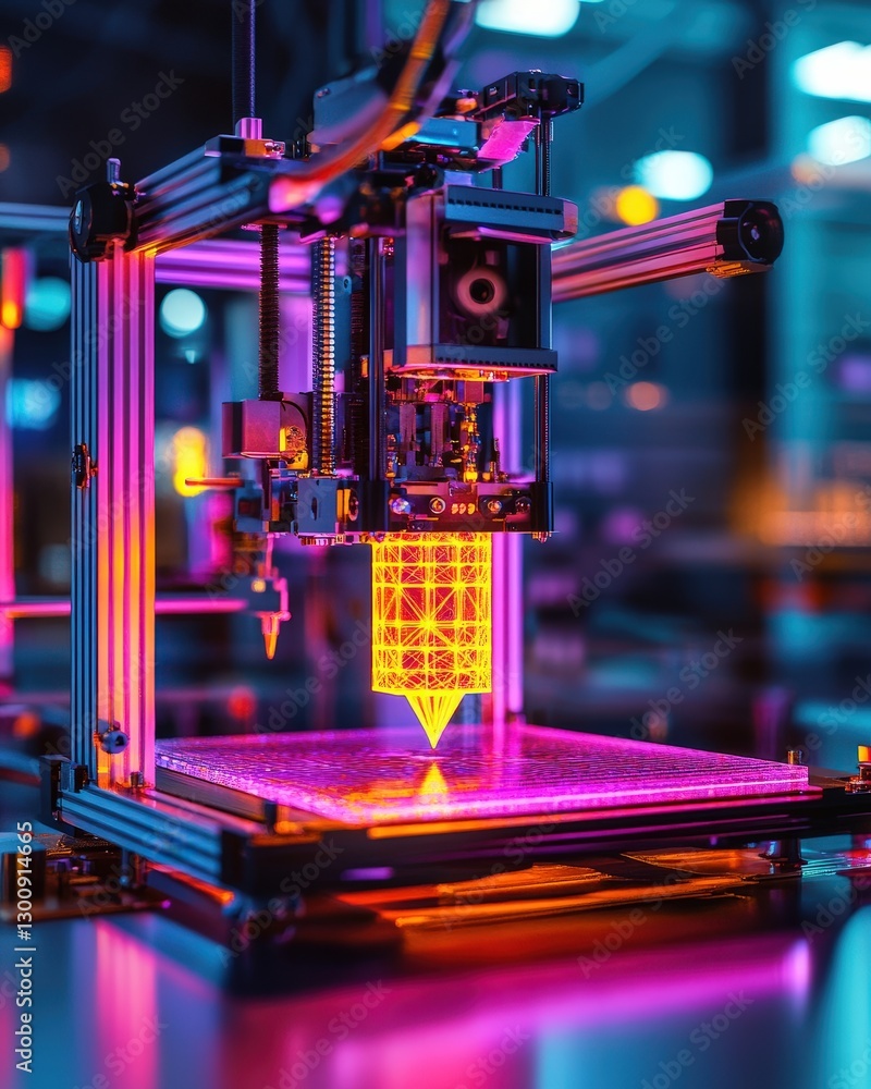 Poster a vibrant scene of a 3d printer creating a detailed model in a high-tech lab