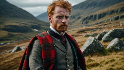 Naklejka premium A red-haired man in traditional Scottish attire, including a tartan shawl, stands in the misty Highlands. His expression is serious and contemplative