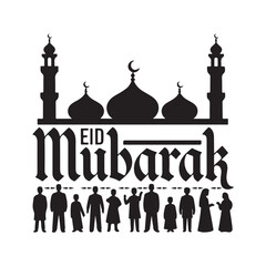 eid mubarak typography calligraphy silhouette vector design islamic festival illustrations with mosque