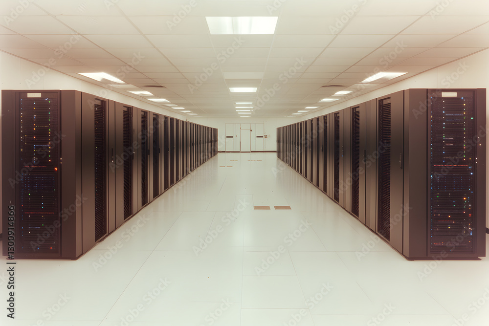 Poster a long row of computer servers in a data center, featuring doors at the end of the hall. lights illu