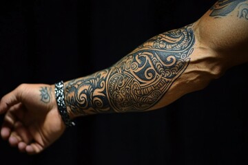 Close-up of intricate polynesian tattoo covering a man's forearm, showcasing traditional patterns and artistry