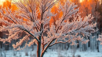 Bare tree with frost-covered limbs in warm orange hues, winter tree, landscape, forest
