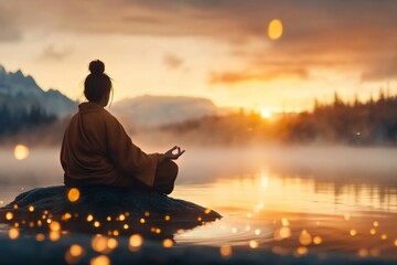 A solitary ninja meditating on a rock in a tranquil river, with mist rising and the glow of dawn on the horizon