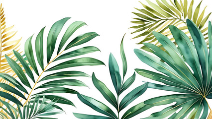 Palm Leaf Watercolor Illustration with Green and Gold Accents on White