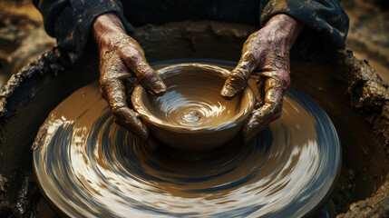 Fototapeta premium A potter's hands coated in wet clay, shaping a spinning ceramic bowl on a pottery wheel, earthy tones dominating the scene