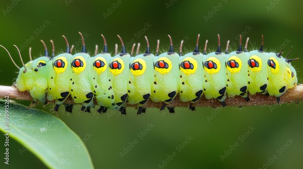 Poster a vibrant green caterpillar with distinctive patterns resting on a branch.