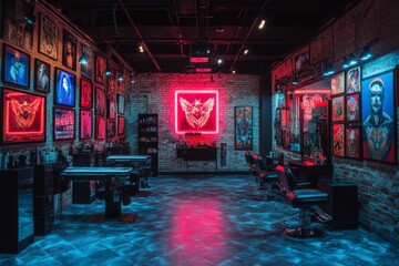 Vibrant interior of a modern tattoo or barbershop featuring neon lights, artwork, and barber chairs, creating a stylish and edgy atmosphere