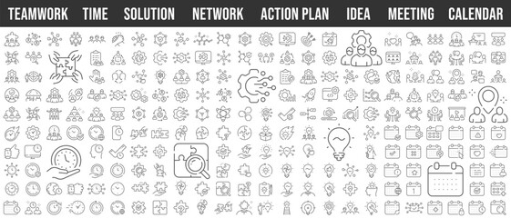 Big line icon set. Teamwork, network, meeting, solution, idea, innovation, calendar, time, action plan. Editable stroke
