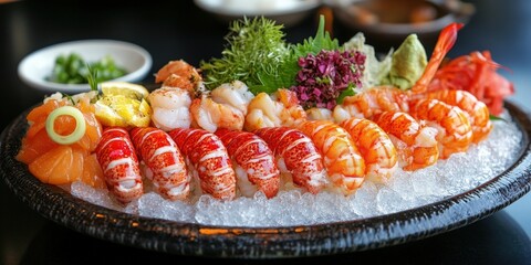 A vibrant seafood dinner platter with lobster, shrimp, and scallops on crushed ice