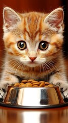 Kitten eating food bowl, indoor