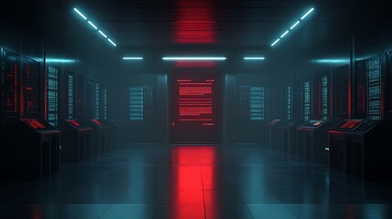 Neon Lit Server Room Digital Data Center