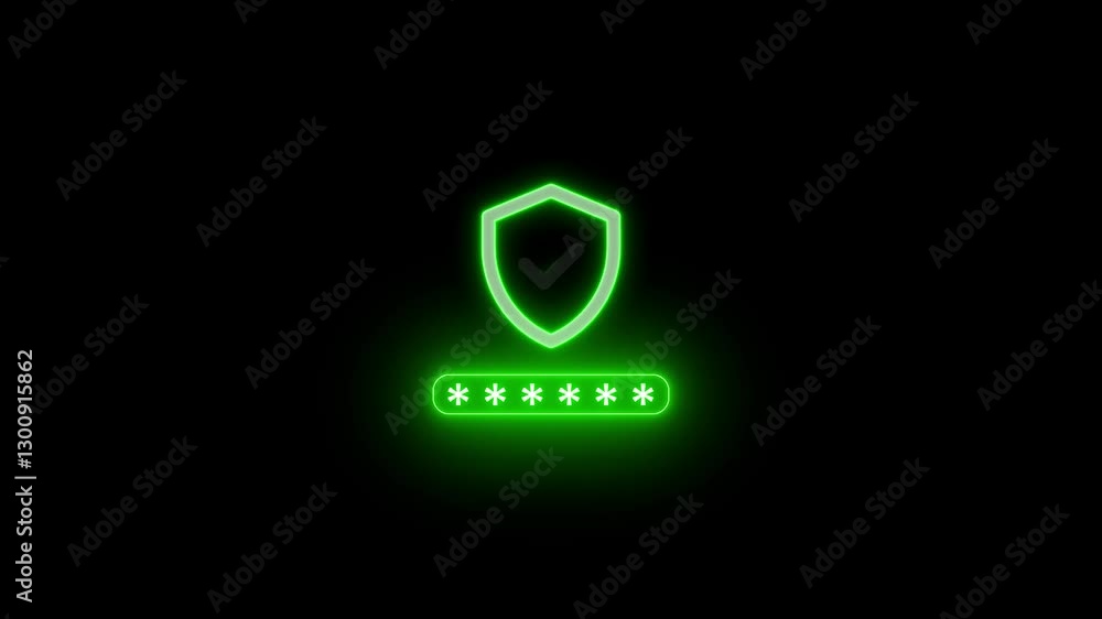 Poster neon security unlock concept animation. neon check mark with security icon. cyber protection with ne