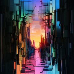 Vibrant Digital Landscape Showcasing a Colorful Sunset in a Geometric Urban Environment