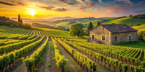 Fototapeta premium Serene Vineyard Sunset Rustic Farmhouse Amidst Lush Green Rows of Grapevines Bathed in Golden Hour Light