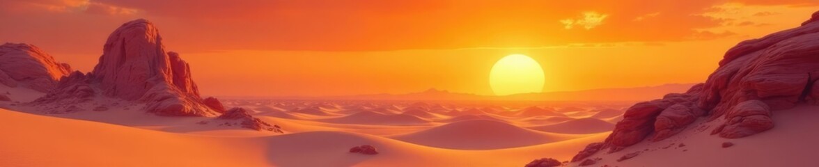 Desert sunset with orange hues and white silhouetted rocks, sunset, orange, sand