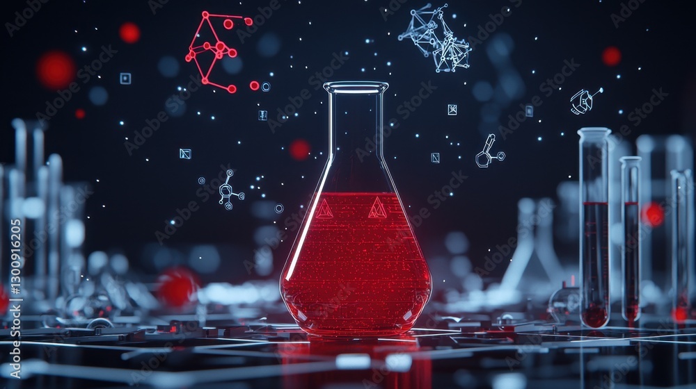 Poster red chemical solution in laboratory flask with molecular structures and scientific background for re