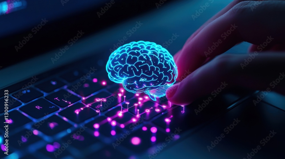 Wall mural futuristic hand touching brain icon above keyboard with neon glow effect in dark setting
