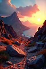 Obraz premium Desolado paisaje de rocas nublo con atardecer, rocamontes, GranCanaria, canarias