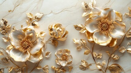 Fototapeta premium Luxurious 3D-rendered golden flowers with intricate patterns on a marble surface 