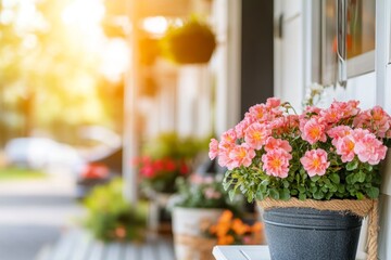 Fototapeta premium A suburban neighborhood where homes have solar panels, electric vehicle charging stations, and energy-efficient designs