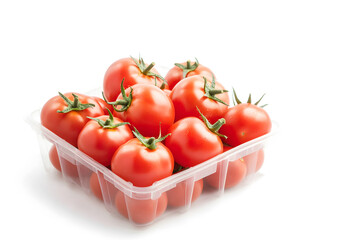 Fresh red tomatoes in a plastic container on white background.