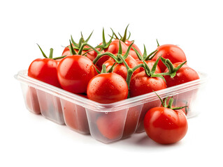 Fresh red tomatoes in a plastic container on white background.