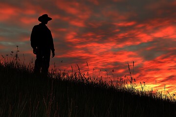 A silhouetted cowboy observes the beautiful fiery sky at sunset