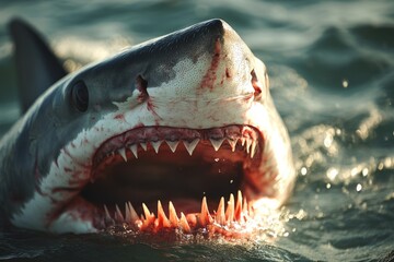 Obraz premium Great white shark showing its teeth while swimming in the ocean