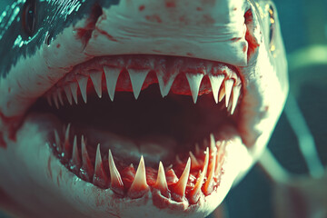 Close-up of a great white shark's open jaws, revealing rows of sharp teeth in a dark underwater environment