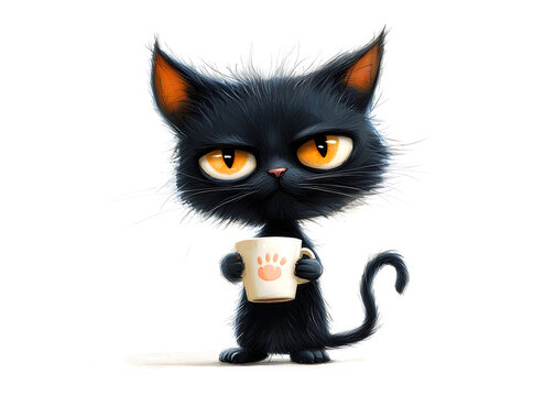 Black cartoon cat holding a coffee mug isolated on white background.