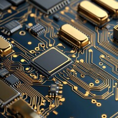 Close-up View of a Complex Circuit Board Design Showcasing Intricate Connections and Golden Components