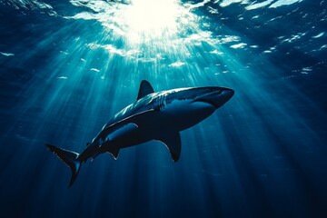 Fototapeta premium Majestic oceanic whitetip shark gracefully navigating the deep blue, illuminated by sunbeams piercing the surface