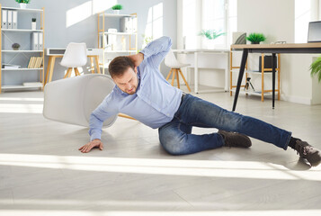 Traumatic home injury, suddenly fall for unhappy unwell man floor falling or collapsing, suffers to...