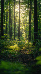 Obraz premium Lush green forest with sunbeams creating a serene atmosphere and inviting tranquility