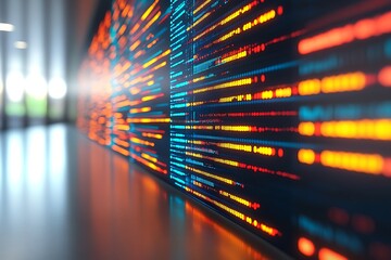 Data flowing through a server room wall, blurred background