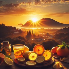 Citrus Dawn A bright lemon yellow sun peeks over the eastern hil