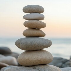 Stacked Stones Balancing on a Tranquil Beach at Sunset Showcasing Nature's Harmony and Creativity
